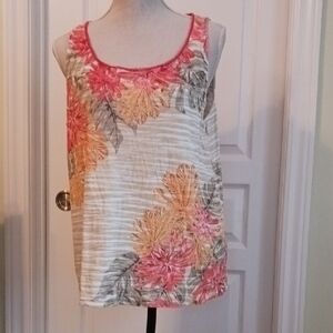 J. Jill Beige Striped Tropical Floral Print  Sleeveless Top - Multicolor